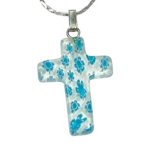 Vintage Murano Millefiori Art Glass Cross Pendant Necklace Aqua Blue Flowers 18"